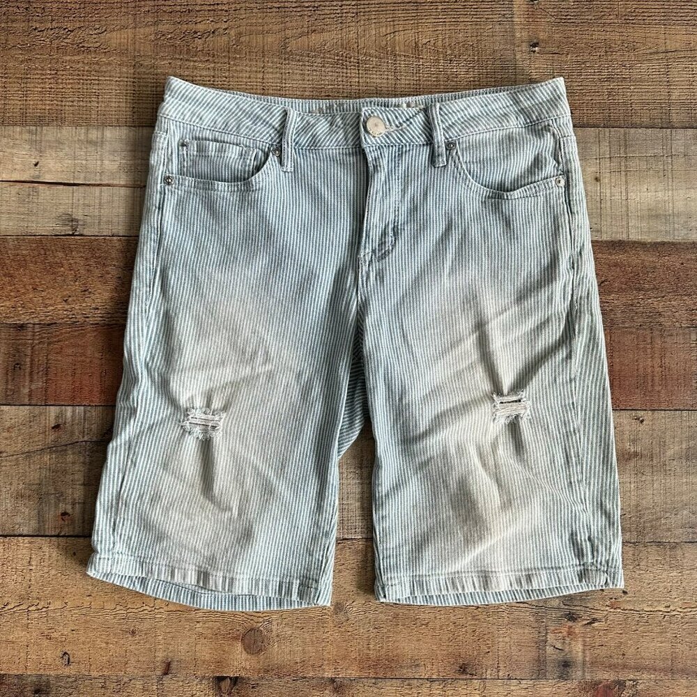 Seven7 Weekend Bermuda Blue and White Striped Women's Distressed Short -6